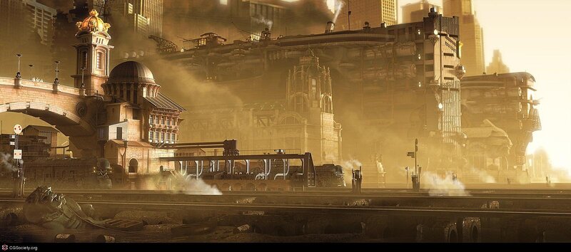steampunk cityscape at dawn