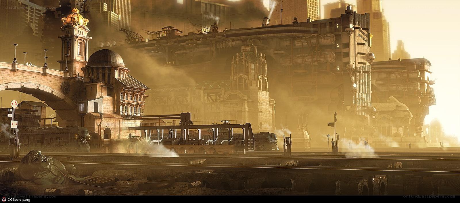 steampunk cityscape at dawn