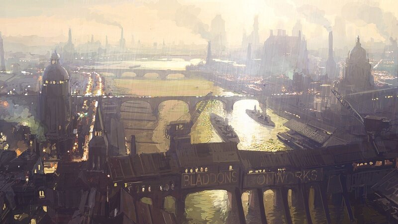 steampunk cityscape at dusk