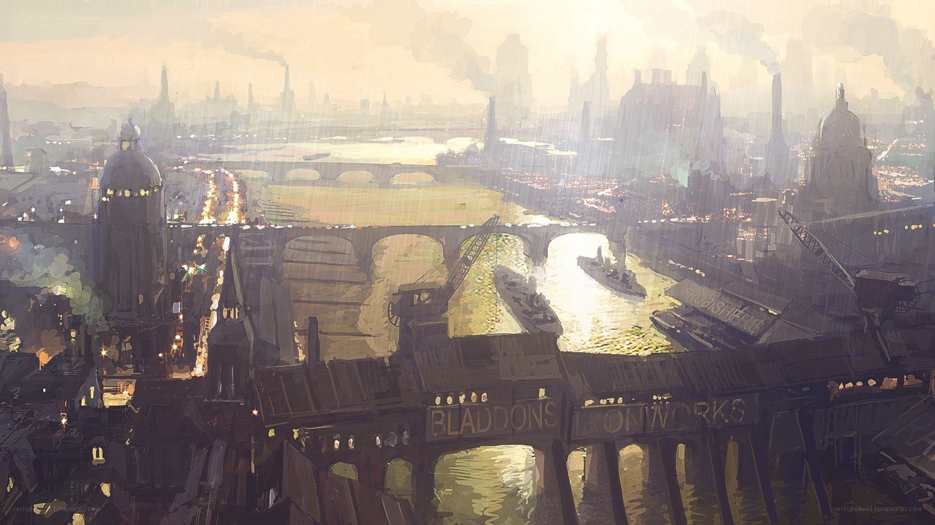 steampunk cityscape at dusk
