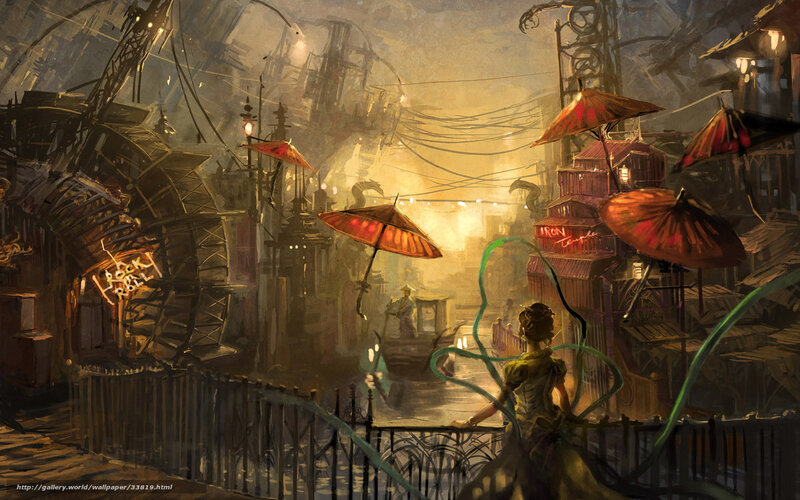 Steampunk cityscape at dusk