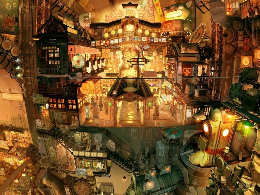 steampunk cityscape at night