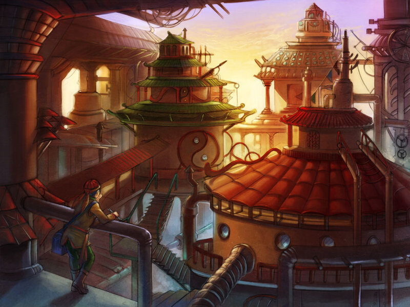 steampunk cityscape at sunset