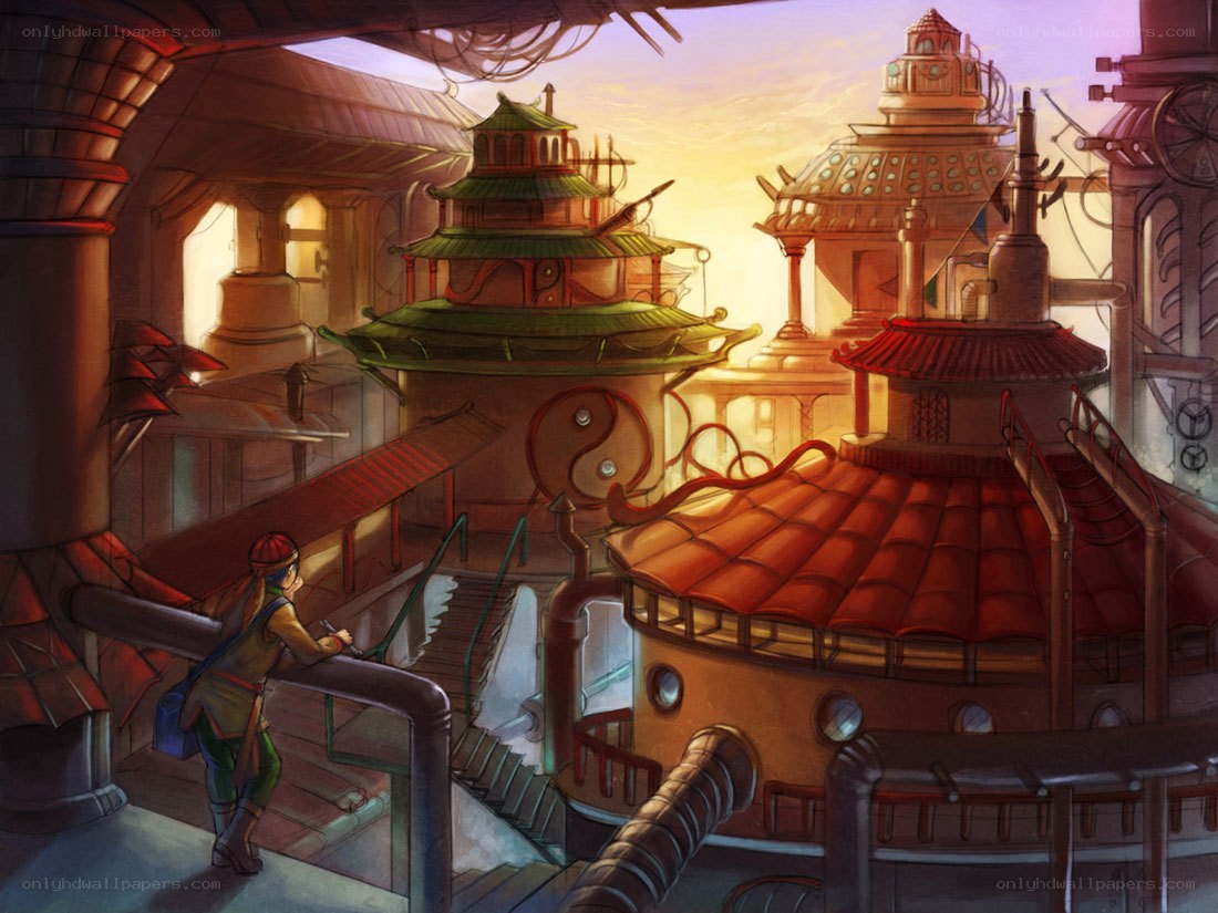 steampunk cityscape at sunset