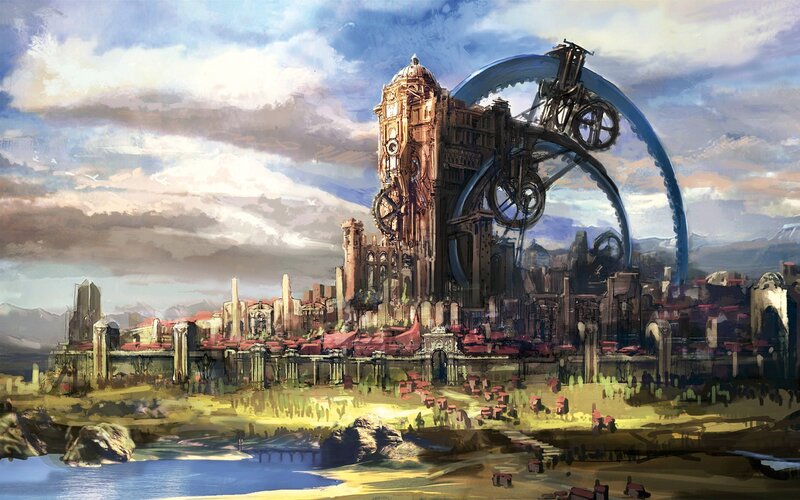 Steampunk Cityscape — Blue, Dramatic, Afternoon, Digital Art, Clock Tower
