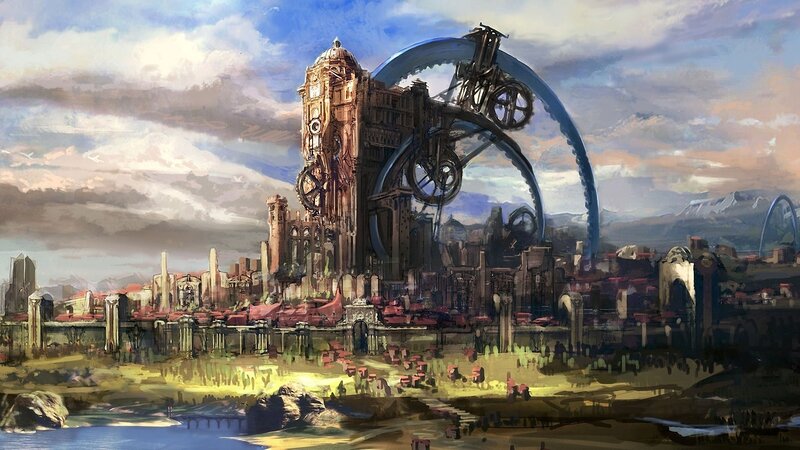 Steampunk Cityscape — Blue, Dramatic, Afternoon, Digital Art