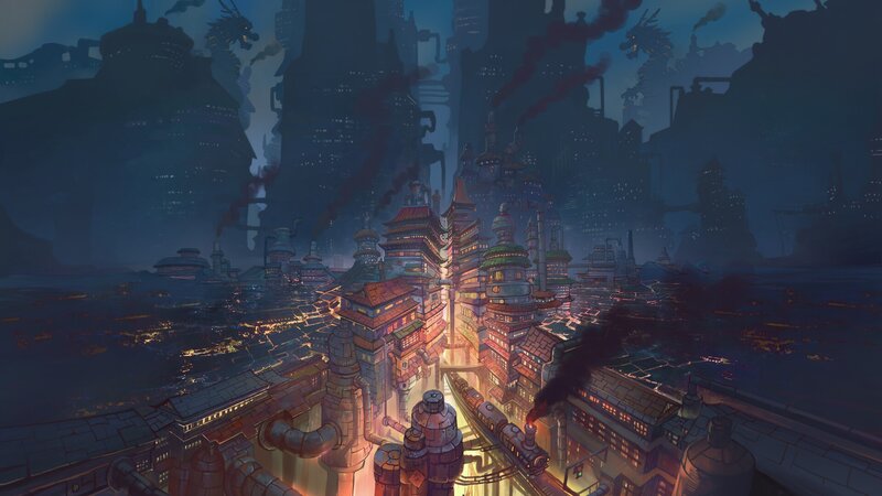 Steampunk Cityscape — Blue, Dramatic, Night