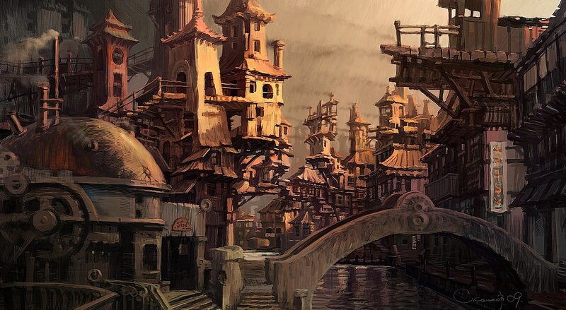 Steampunk Cityscape — Brown, Dramatic, Afternoon, Digital Art, Buildings