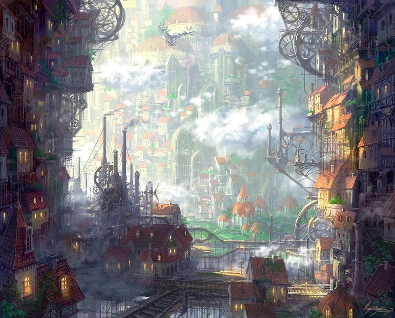 Steampunk Cityscape — Brown, Dramatic, Afternoon, Digital Art