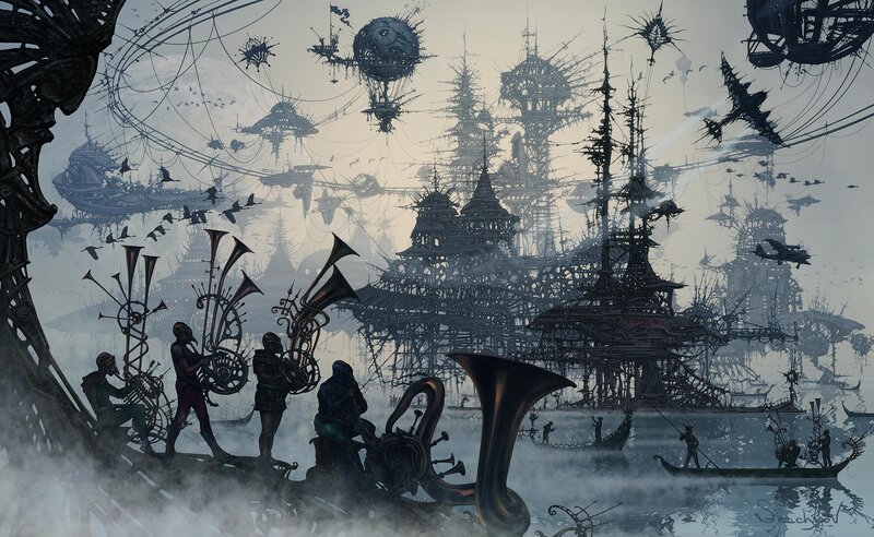 Steampunk Cityscape — Gray, Dramatic, Digital Art