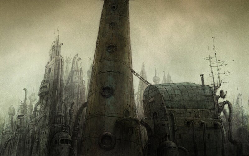 Steampunk Cityscape — Gray, Dramatic, Illustration
