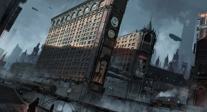 Steampunk Cityscape — Gray, Dramatic, Night, Digital Art, Airships