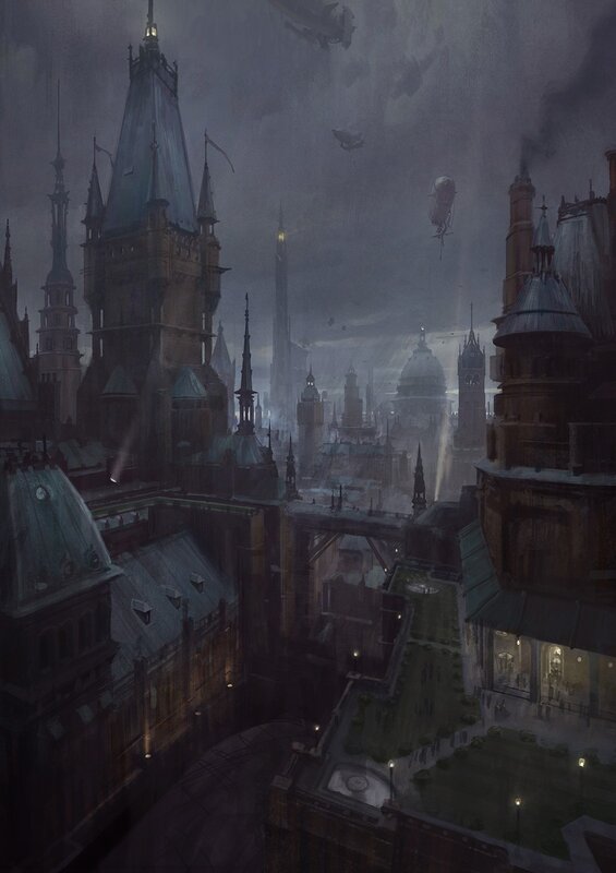 Steampunk Cityscape — Gray, Dramatic, Night, Digital Art