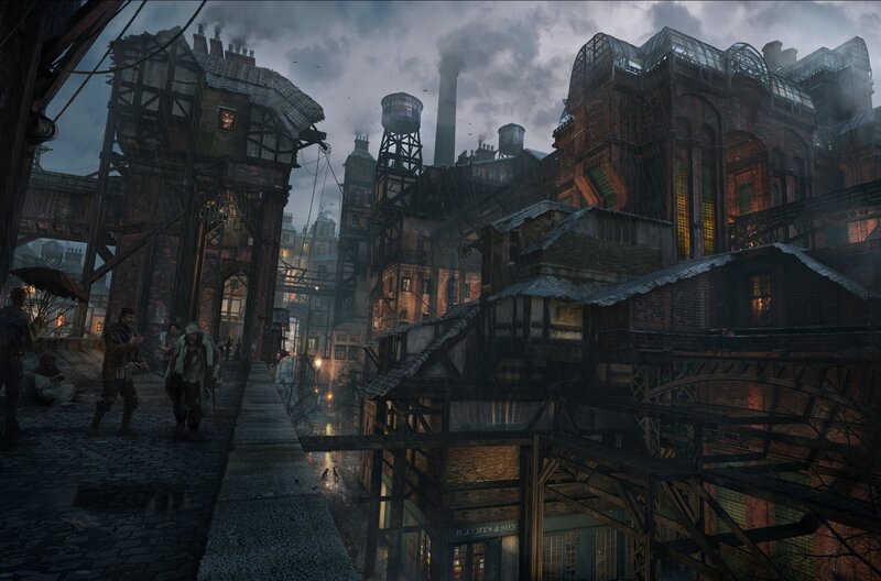 Steampunk Cityscape — Gray, Dramatic, Night
