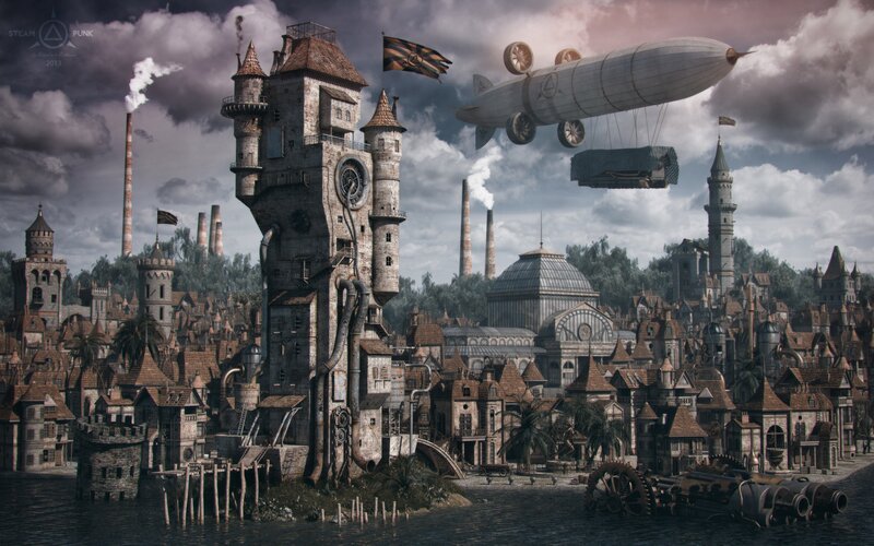 Steampunk Cityscape — Gray, Dramatic