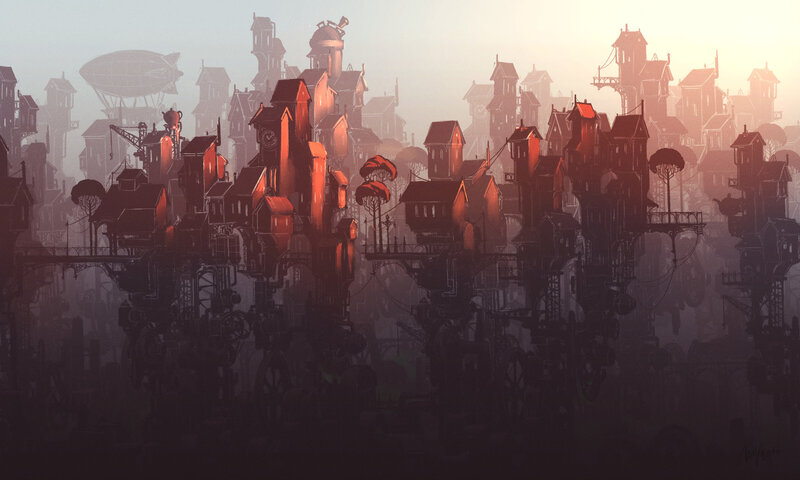 Steampunk Cityscape — Red