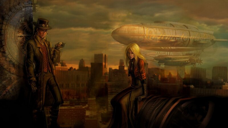 steampunk cityscape with airship