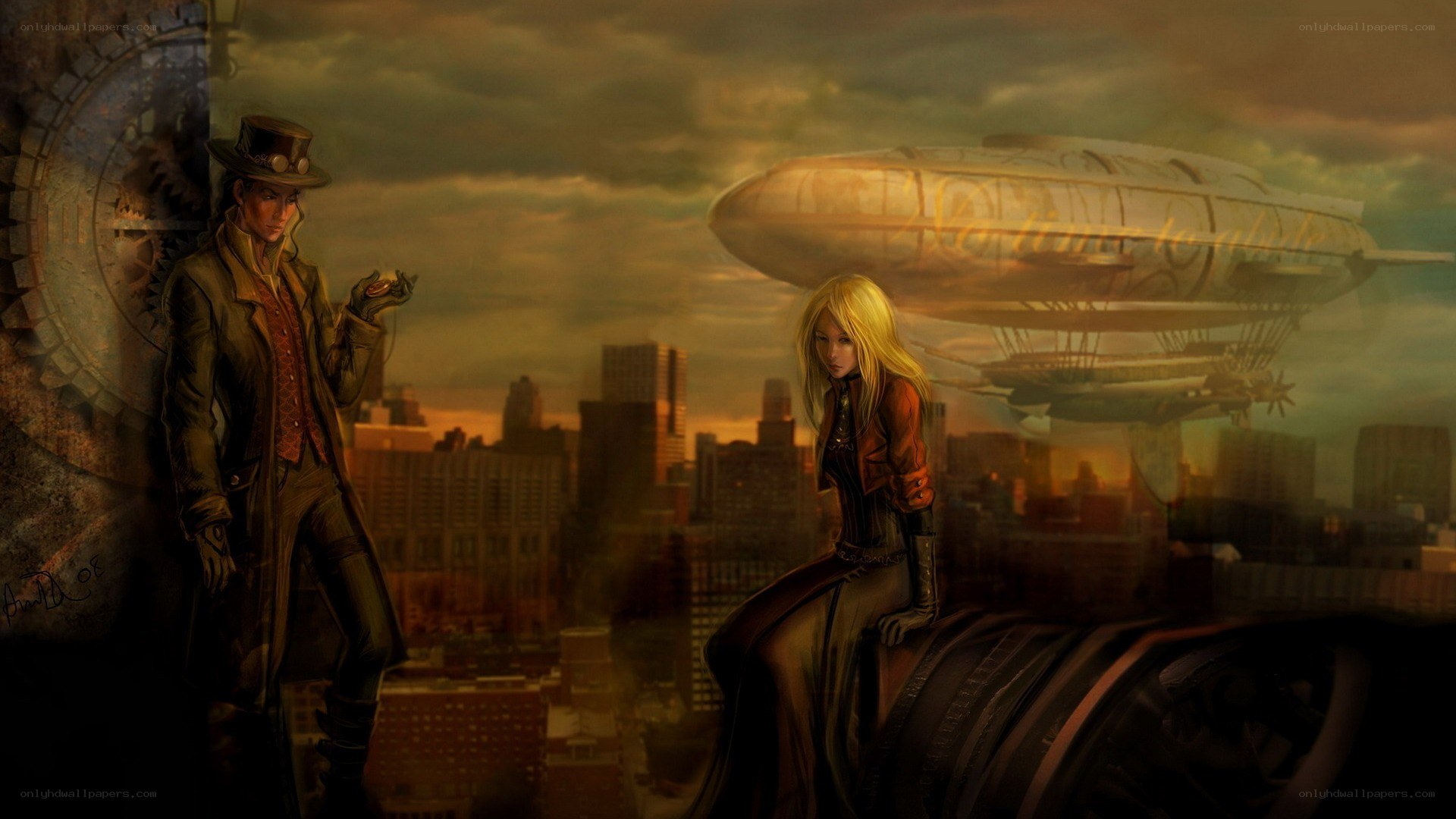 steampunk cityscape with airship