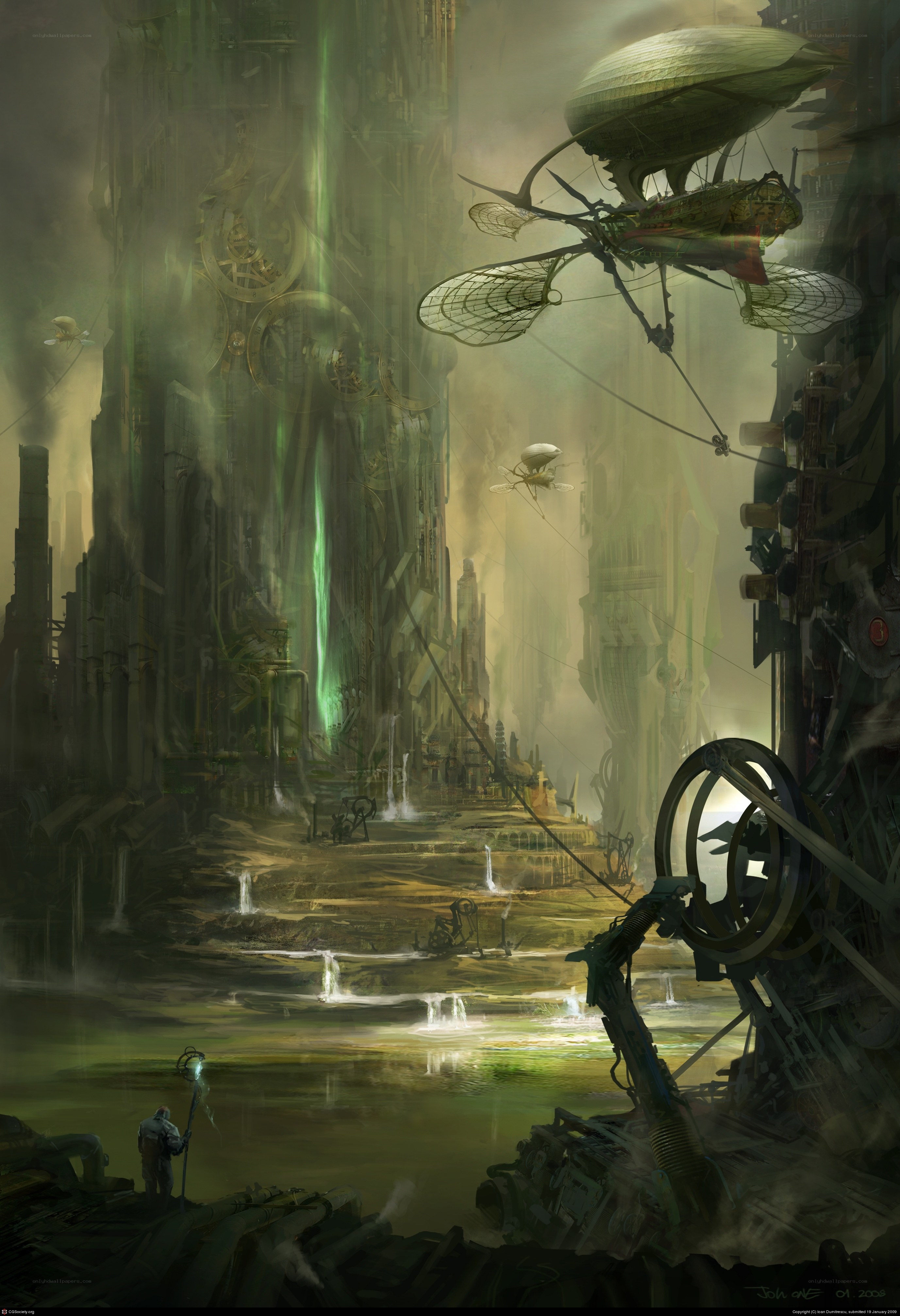 steampunk cityscape with airships
