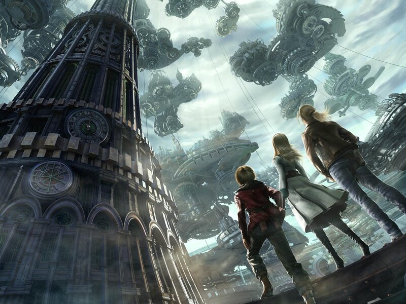 steampunk cityscape with characters