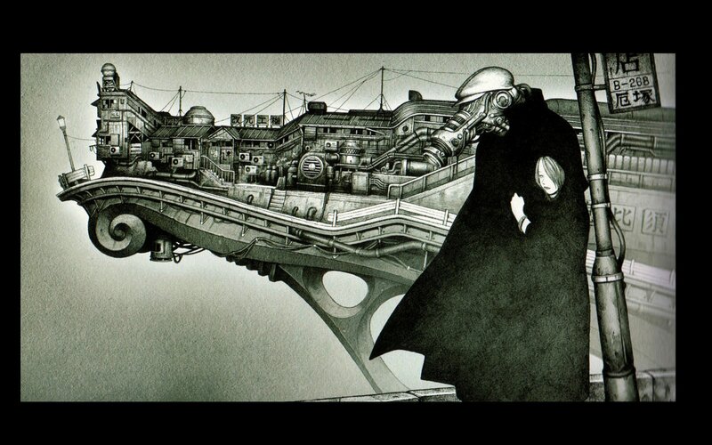 steampunk cityscape with cloaked figure