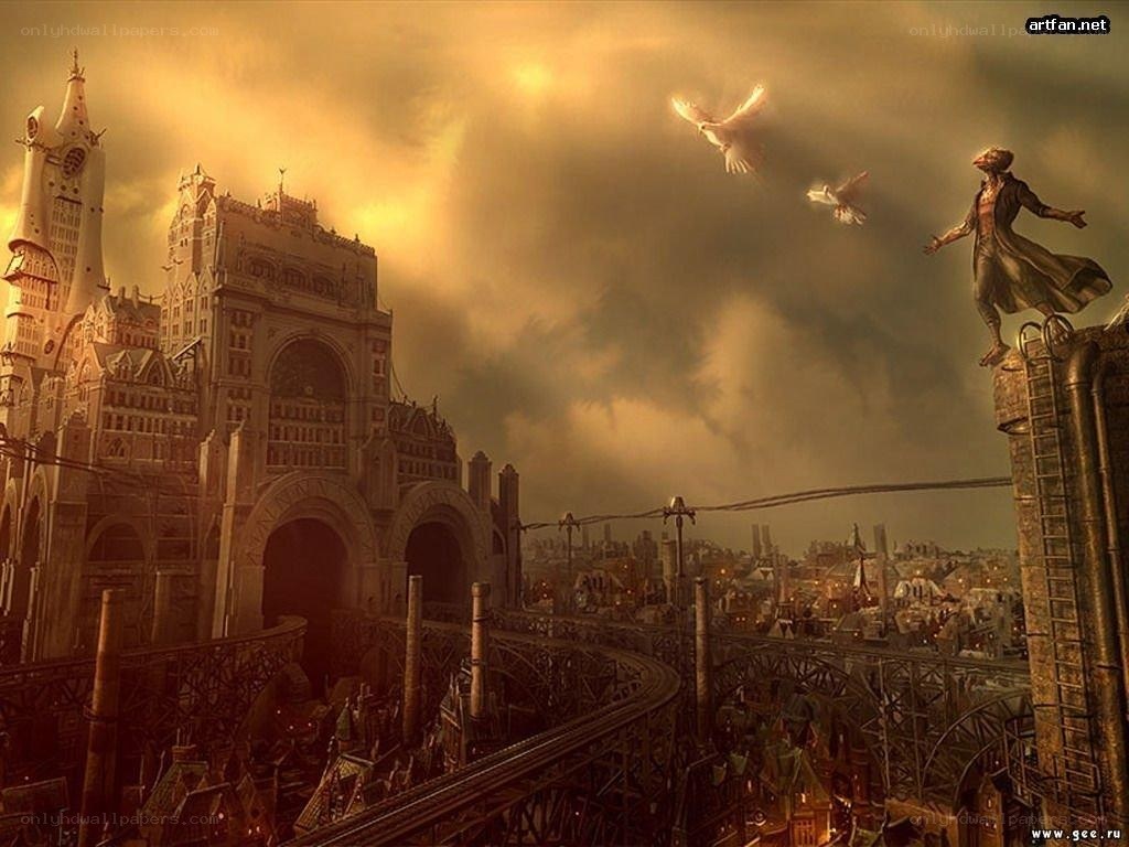 steampunk cityscape with flying birds
