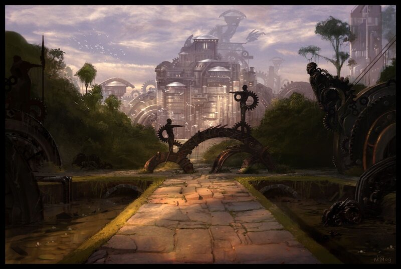 Steampunk cityscape with gears