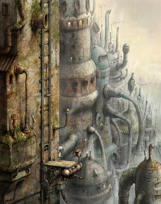 steampunk cityscape with robot