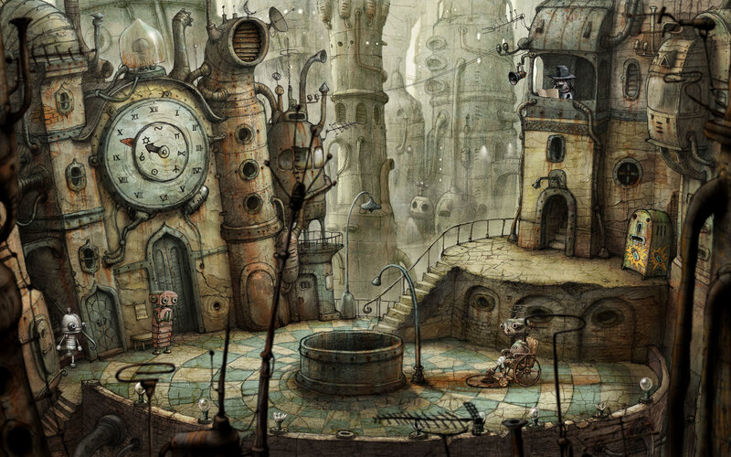 steampunk cityscape with robots