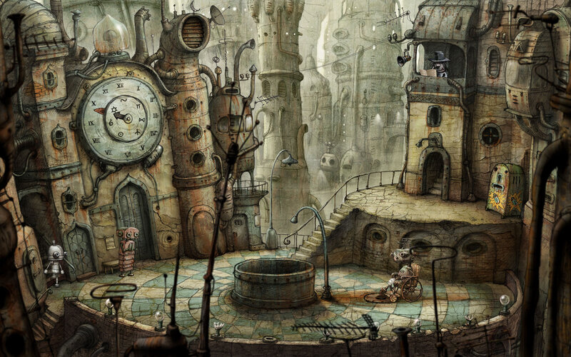 steampunk cityscape with robots