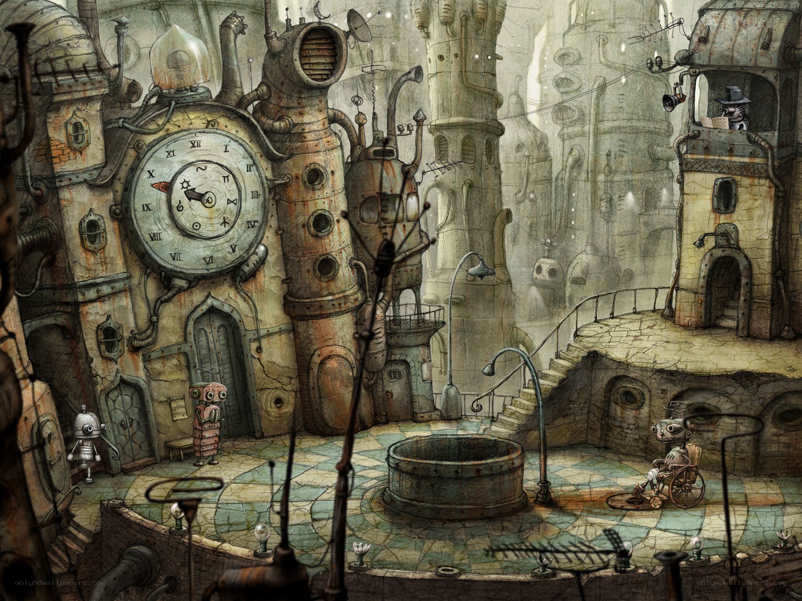 steampunk cityscape with robots