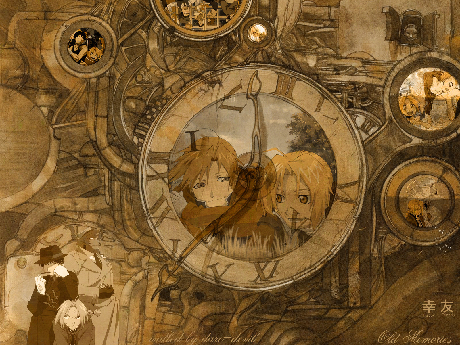 steampunk clock with anime characters