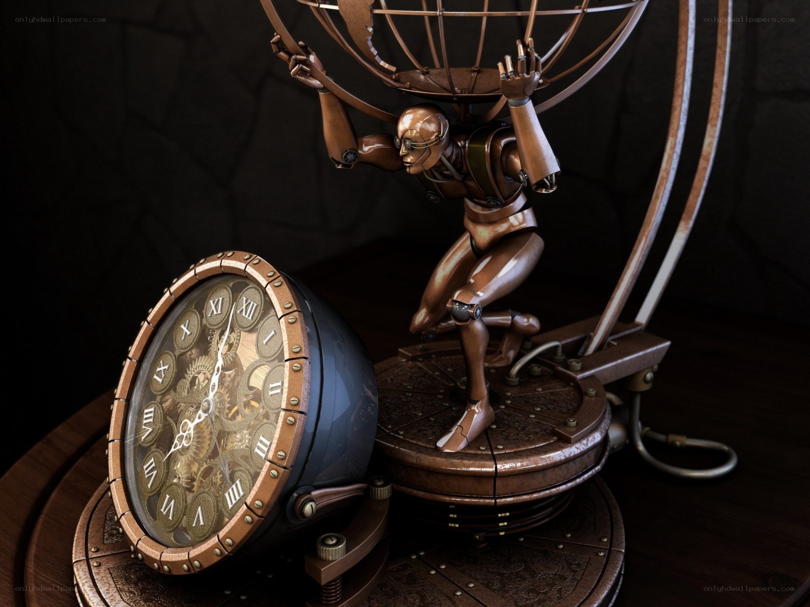 steampunk clock with atlas figure