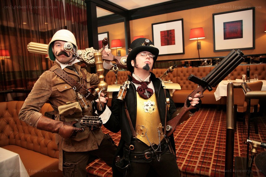 Steampunk cosplayers in restaurant