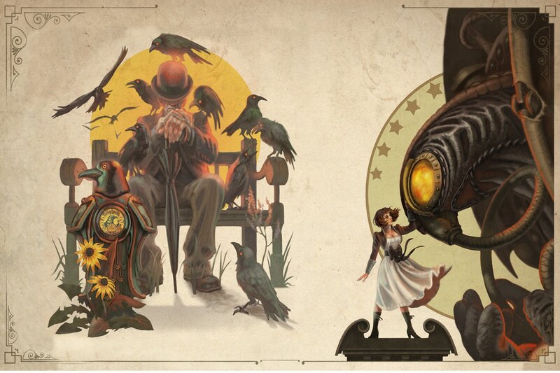 steampunk crow and girl scene
