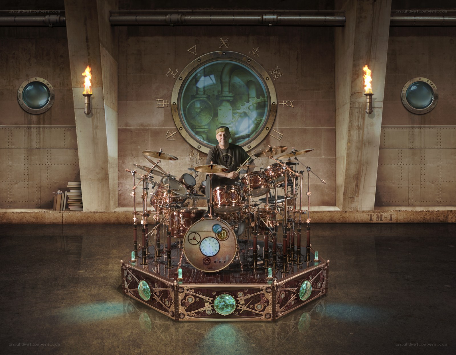 steampunk drummer in industrial setting