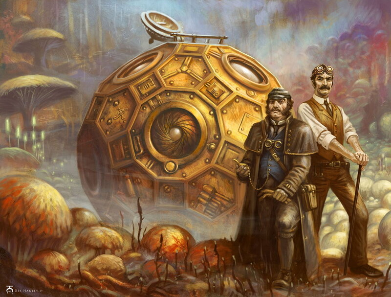 Steampunk explorers in alien forest
