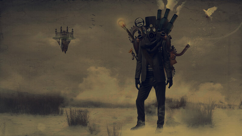 Steampunk figure in wasteland