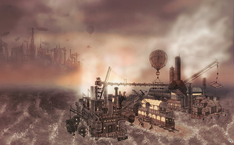steampunk floating city