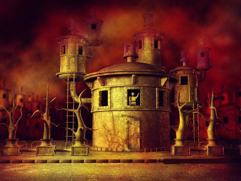steampunk fortress at dusk