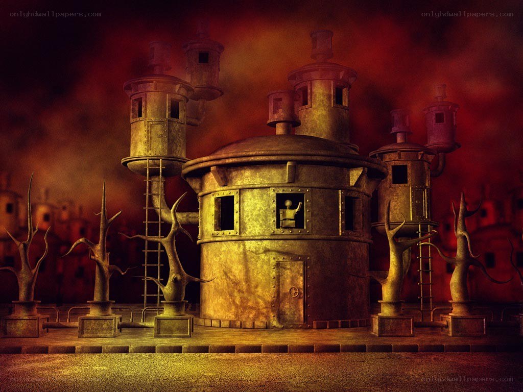 steampunk fortress at dusk