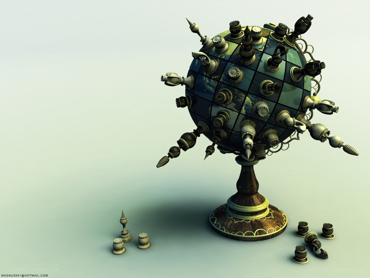 steampunk globe with chess pieces