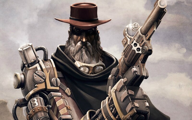 steampunk gunslinger with mechanical arms