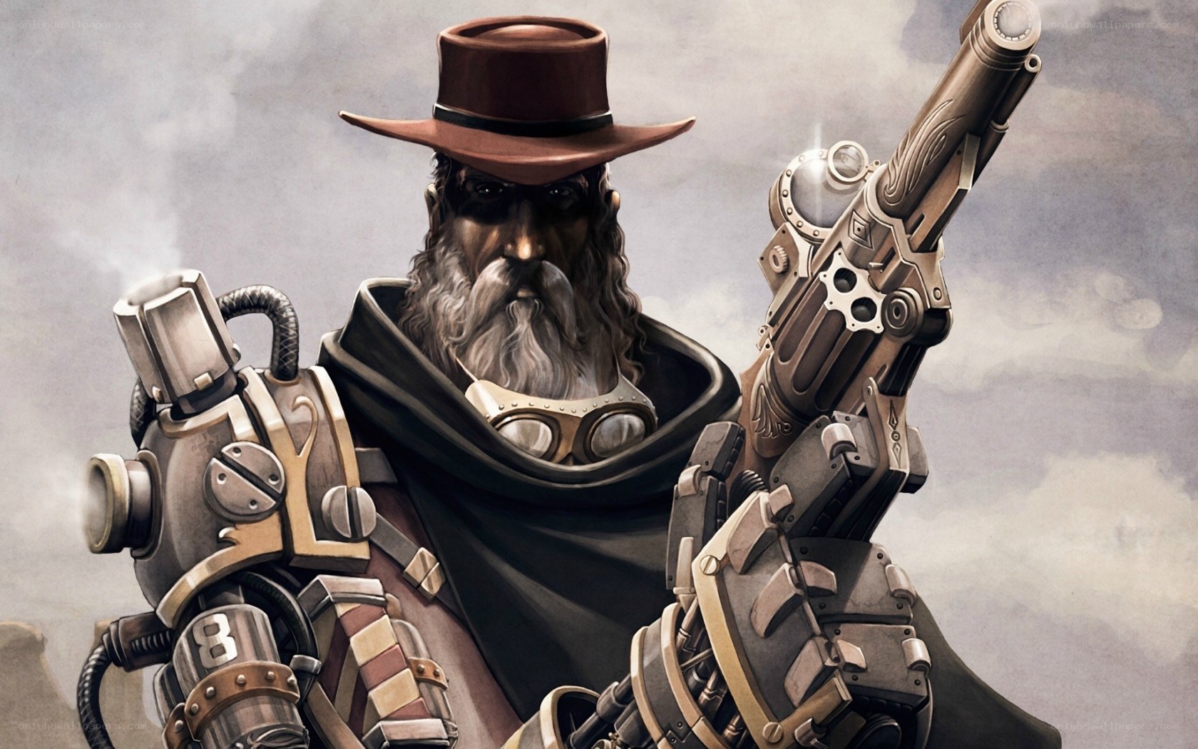 steampunk gunslinger with mechanical arms