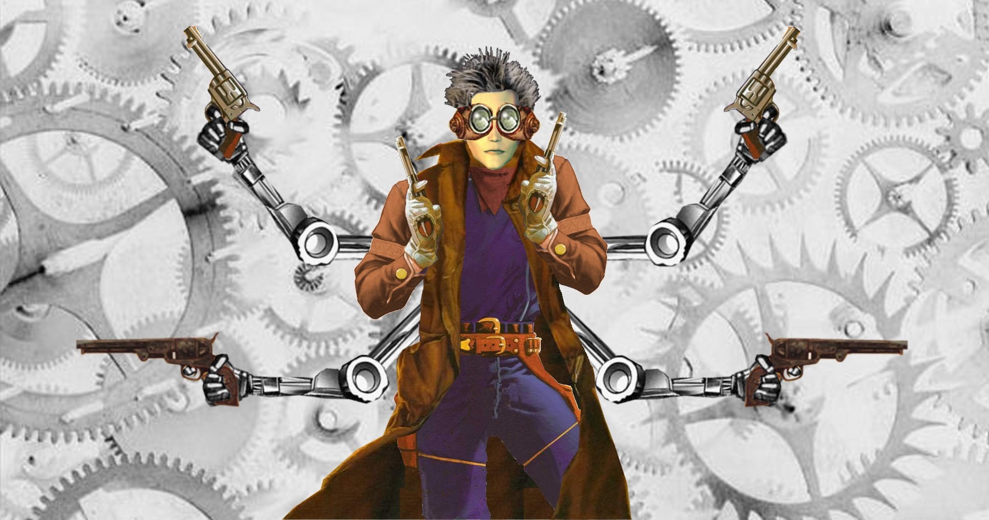 steampunk gunslinger with robotic arms