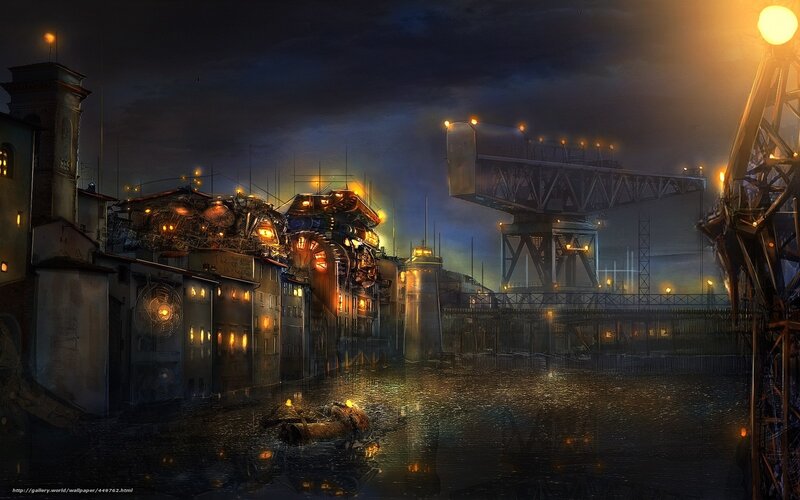 steampunk harbor at night