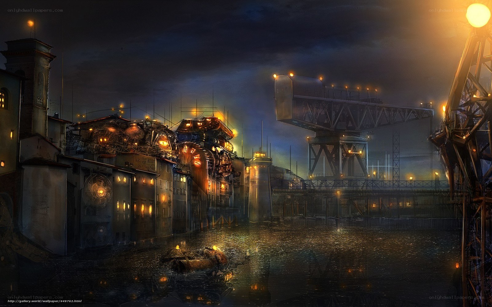 steampunk harbor at night