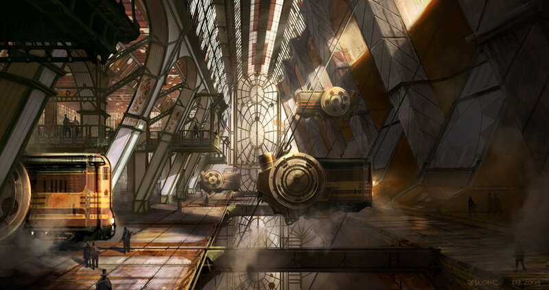 steampunk industrial hangar