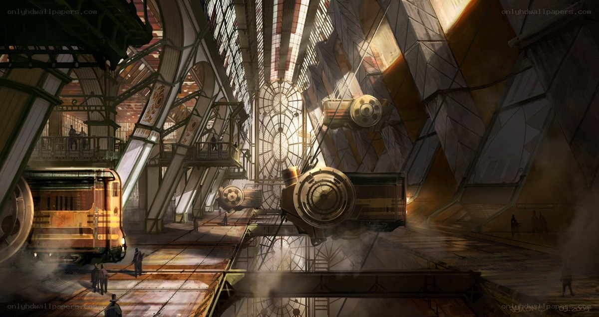 steampunk industrial hangar