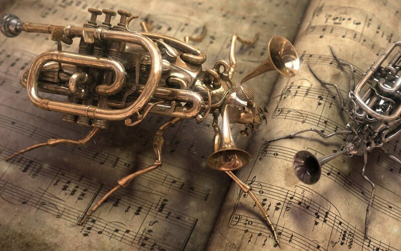 Steampunk insects on sheet music